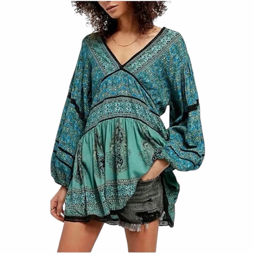 Free People Luna Scarf Print Tunic Top Sz L *Blue Ocean Combo Babydoll Boho*